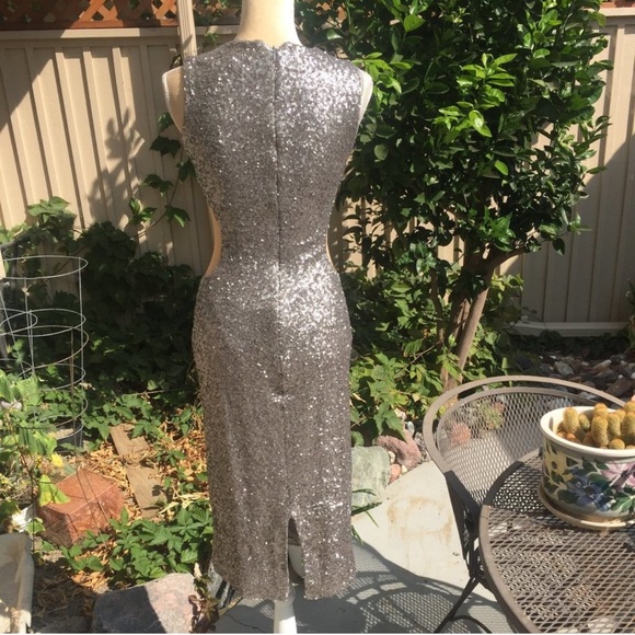 Sequined ‘Ryan’ Cutout Tea-Length Dress in Silver - Picture 6 of 14